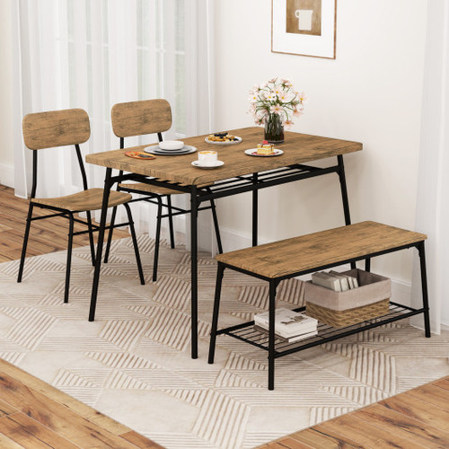 4 Piece Dining Table Set For 4 Metal Frame With Bench And 2 Chairs Brown Kc57729Bn By Cw