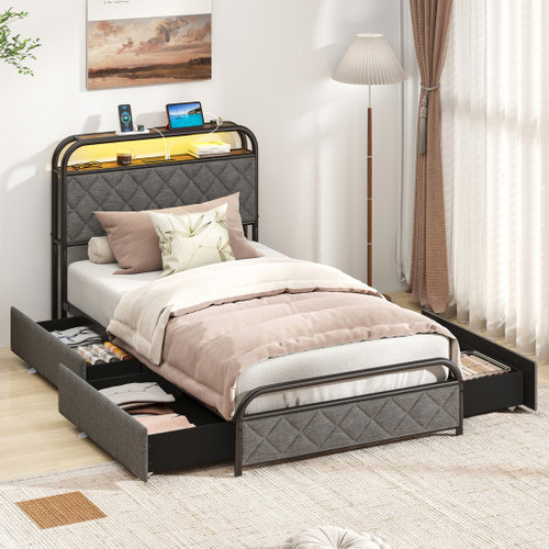 Twin Full Queen Size Bed Frame With Led Lights And Charging Station Twin Size Hu10931Dk T By Cw