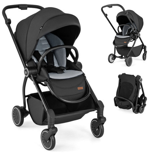 Foldable Infant Pram Stroller With Reversible Seat Reclining Backrest Black Bc10245Bk By Cw