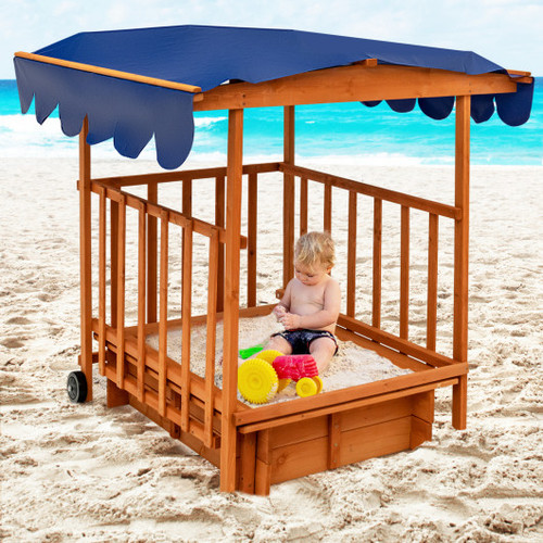 Kids Outdoor Wooden Retractable Sandbox With Cover And Built In Wheels Natural Np10427Ye By Cw