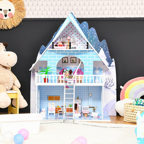 Wooden Dollhouse 3 Story Pretend Playset With Furniture And Doll Gift For Age 3 Year Hw68696 By Cw