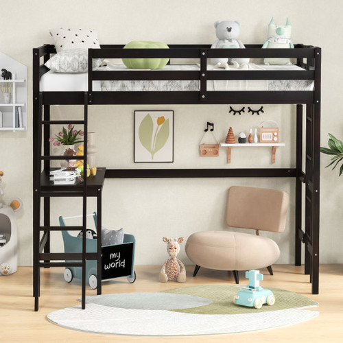 Twin Size Loft Bed Frame With Desk Angled And Built In Ladder Espresso Hy10012Dc By Cw