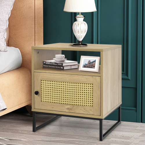 Wooden Side End Table With Cabinet And Rattan Decorated Door Natural Jv10074Na By Cw