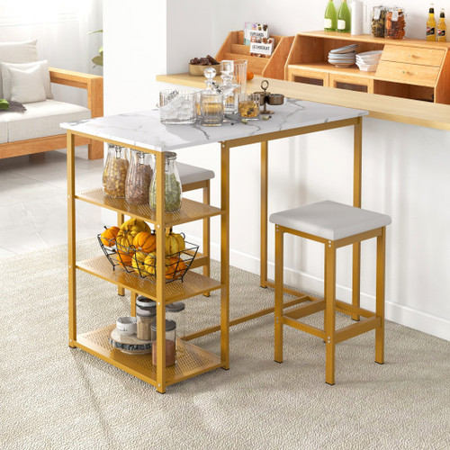 3 Pieces Gold Bar Table Set For 2 With 3 Tier Storage Shelves Golden Jv10894Gd By Cw