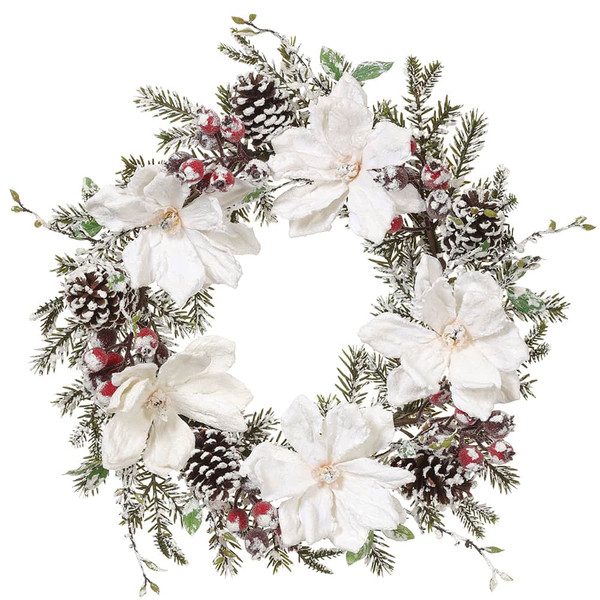 26 Snowed Magnolia Pine Cone Pine Wreath White Set Of 2 Xdz001 Wh By Silk Flower Depot