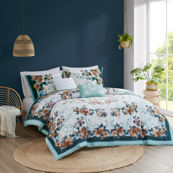 Olliix Jules 5 Piece Cotton Floral Comforter Set With Throw Pillows King Cal King Mp10 8208