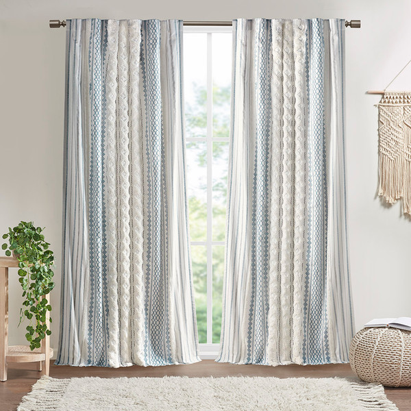 Olliix Imani Cotton Printed Curtain Panel With Chenille Stripe And Lining Ii40 1295
