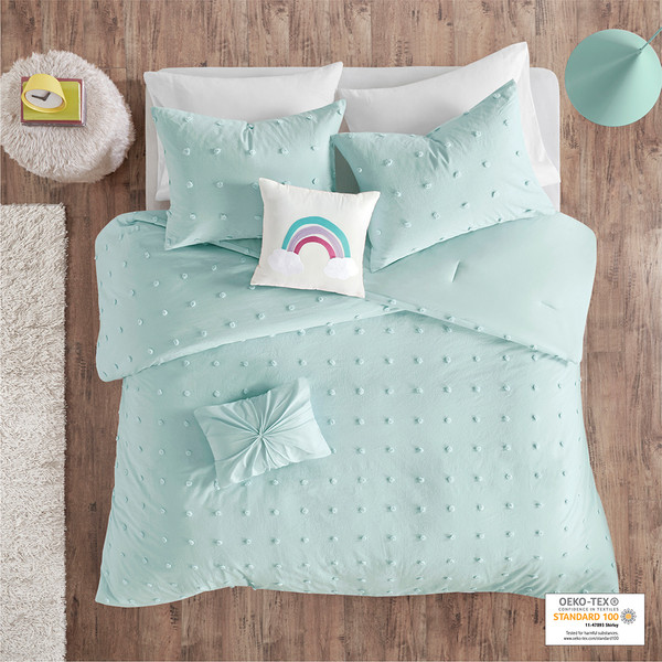 Olliix Uhk10 0131 Urban Habitat Kids Callie 100 Cotton Jacquard Pom Pom 5Pcs Comforter Set Full Queen Aqua