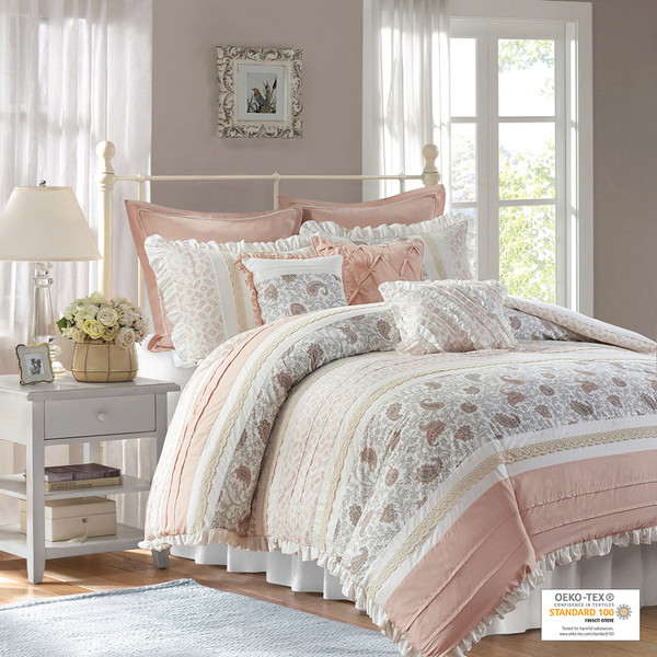 Olliix Mp10 6866 Madison Park Dawn 100 Cotton T180 9 Pcs Printing Pieced Comforter Set Queen Blush