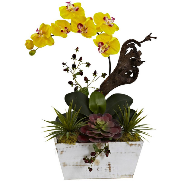 21 Orchid Succulent Garden With White Wash Planter Yellow 1458 Yl By Nearly Natural