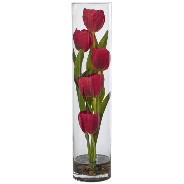 18 Tulips In Cylinder Glass 1498 By Nearly Natural