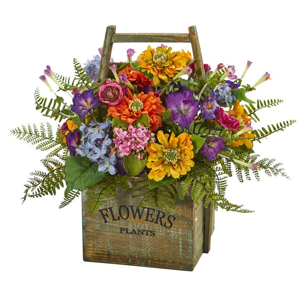 15 Mixed Floral Artificial Arrangement In Wood Basket 1548 By Nearly Natural