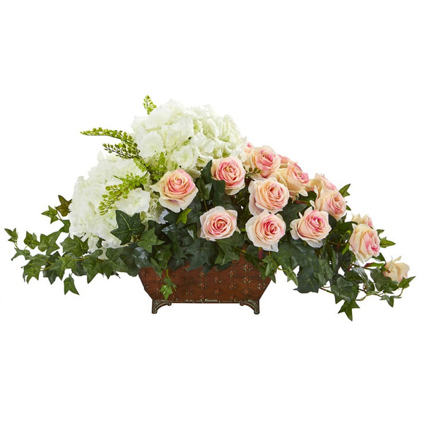 29 Hydrangea Rose Artificial Arrangement In Planter 1675 Lp By Nearly Natural