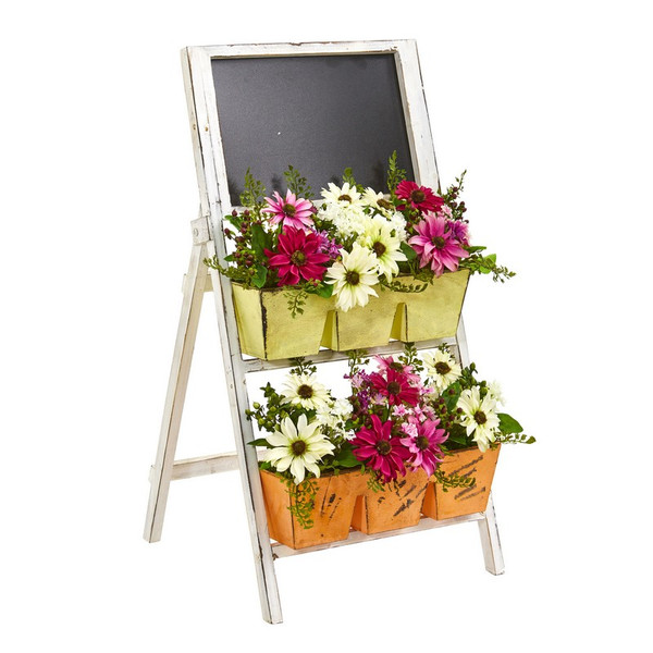 31 Mixed Daisy In Farmhouse Stand With Chalkboard 1762 By Nearly Natural