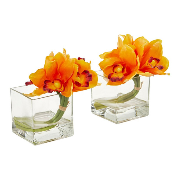 8 Cymbidium Orchid Arrangement In Glass Vase Set Of 2 1824 S2 Or By Nearly Natural