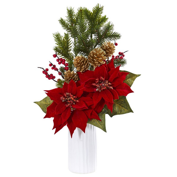 20 Poinsettia Berry Artificial Arrangement In White Vase 1871 By Nearly Natural