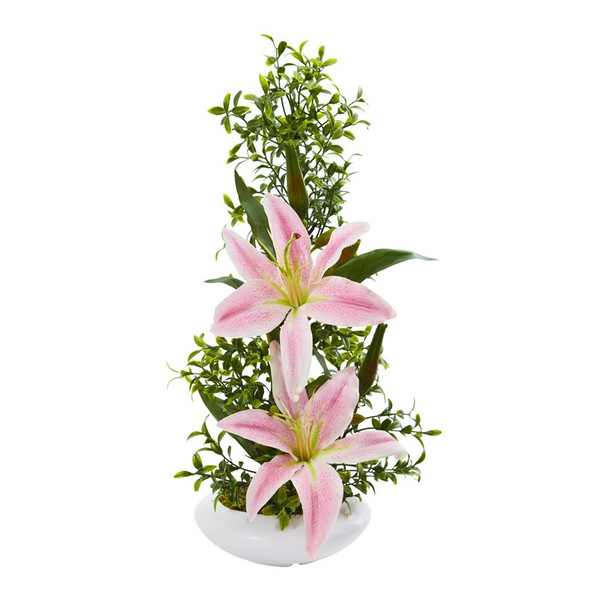 18 Lily And Boxwood Artificial Arrangement In Planter 1876 Pk By Nearly Natural