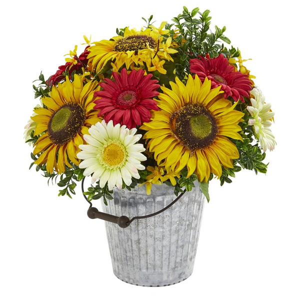 16 Sunflower And Gerber Daisy Arrangement In Metal Bucket 1881 By Nearly Natural