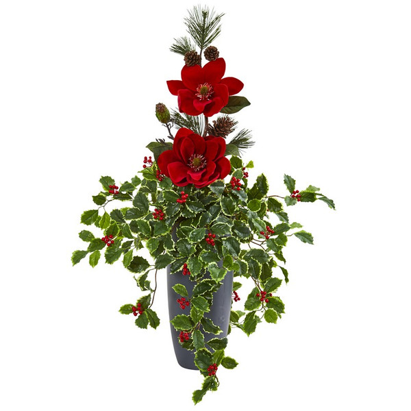 3 5 Magnolia Pine And Variegated Holly Leaf Arrangement 1967 By Nearly Natural