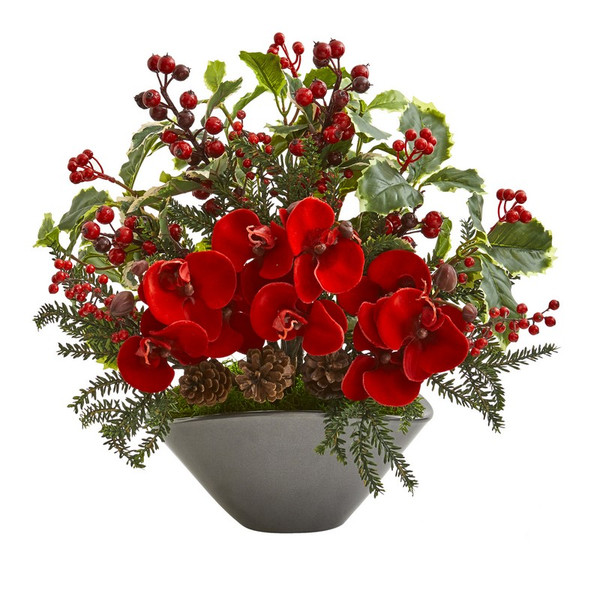 16 Phalaenopsis Orchid Variegated Holly Berry Arrangement 1969 By Nearly Natural