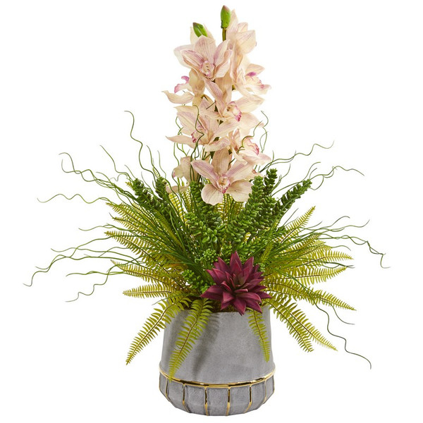 29 Cymbidium Orchid Succulent And Grass Arrangement 1974 By Nearly Natural