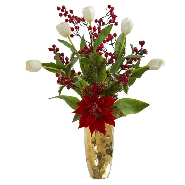 28 Tulip Poinsettia And Berry Artificial Arrangement 1993 By Nearly Natural