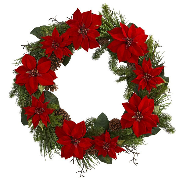 36 Poinsettia And Pine Wreath 4202 By Nearly Natural