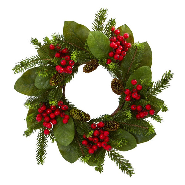 19 Magnolia Leaf Berry And Pine Artificial Wreath 4266 By Nearly Natural