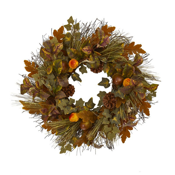 23 Mixed Fall Leaf Pinecone And Acorn Artificial Wreath 4365 By Nearly Natural
