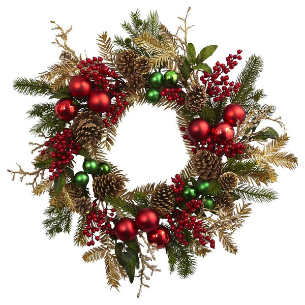 24 Ornament Pine Pine Cone Wreath 4556 By Nearly Natural