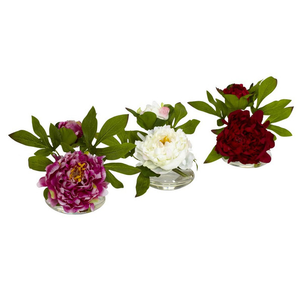 6 Peony W Glass Vase Set Of 3 4789 By Nearly Natural