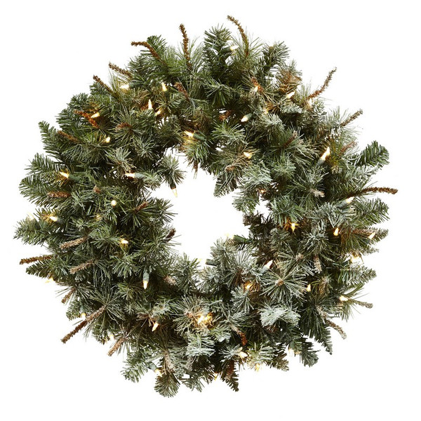 30 Frosted Wreath W 170 Tips 50 Clear Lights 4861 By Nearly Natural