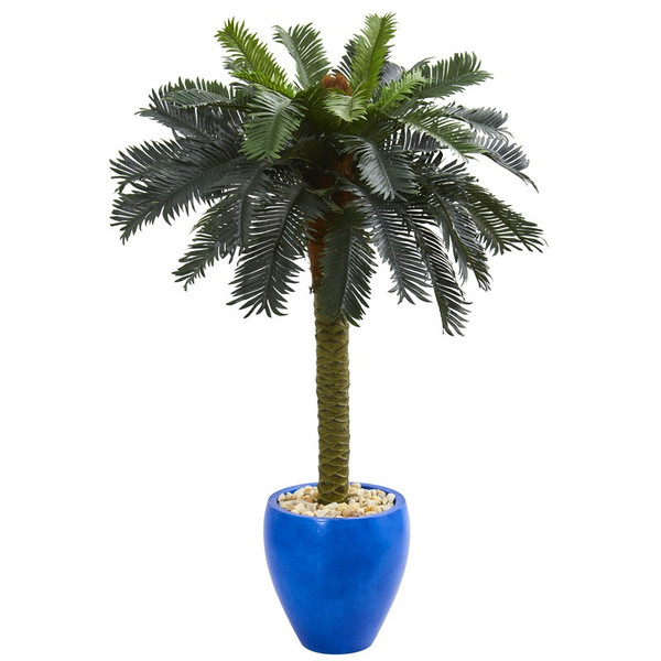 4 Sago Palm Artificial Tree In Glazed Blue Planter 5622 By Nearly Natural