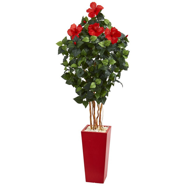 5 5 Hibiscus Artificial Tree In Red Tower Planter 5781 By Nearly Natural