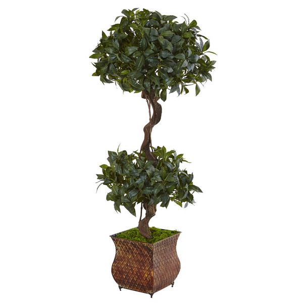 4 5 Sweet Bay Double Topiary Tree In Metal Planter 5844 By Nearly Natural