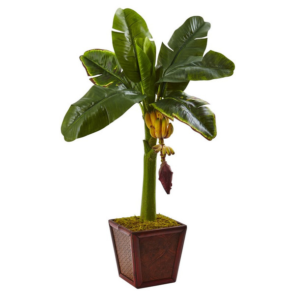 3 Banana Tree In Wooden Planter 5968 By Nearly Natural