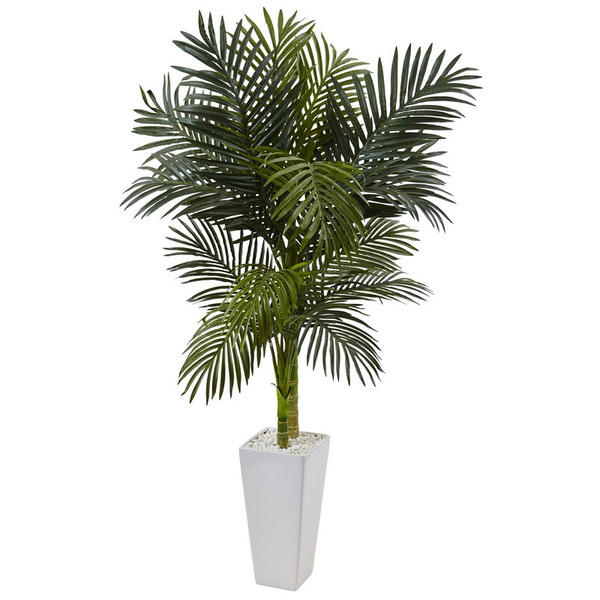 5 Golden Cane Palm Tree In White Tower Planter 5994 By Nearly Natural