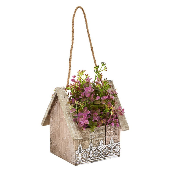 10 75 Sedum And Eucalyptus In Birdhouse Hanging Basket 6302 By Nearly Natural