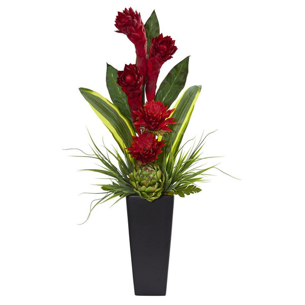 35 Ginger And Artichoke Tropical Arrangement In Black Vase 6360 By Nearly Natural