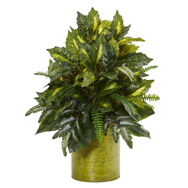 28 Mixed Greens In Green Tin Planter 6369 By Nearly Natural