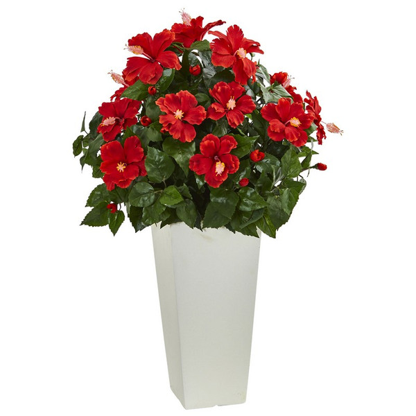 30 Hibiscus In White Tower Planter 6379 By Nearly Natural