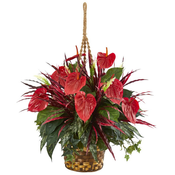24 Mixed Anthurium Hanging Basket 6418 By Nearly Natural