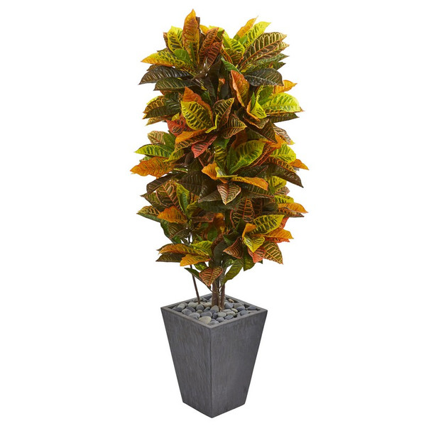 5 5 Croton Artificial Plant In Slate Planter Real Touch 6431 By Nearly Natural