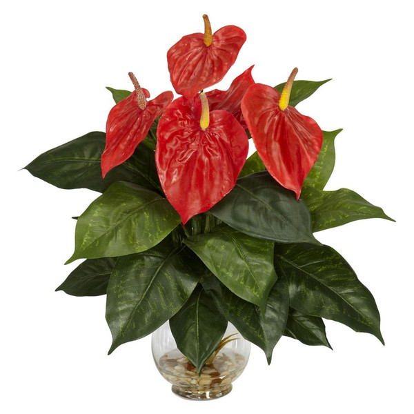 Anthurium W Fluted Glass Bowl Silk Plant 6668 By Nearly Natural