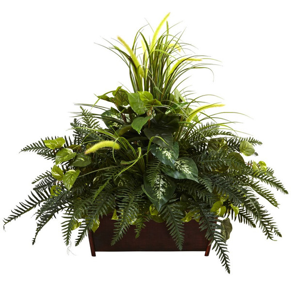 Mixed Grass River Fern W Wood Planter 6792 By Nearly Natural