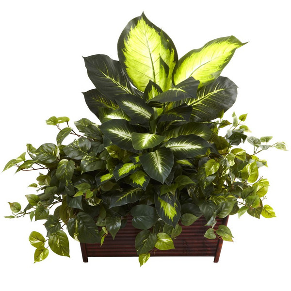 Golden Dieffenbachia Philo Pothos W Wood Planter 6803 By Nearly Natural
