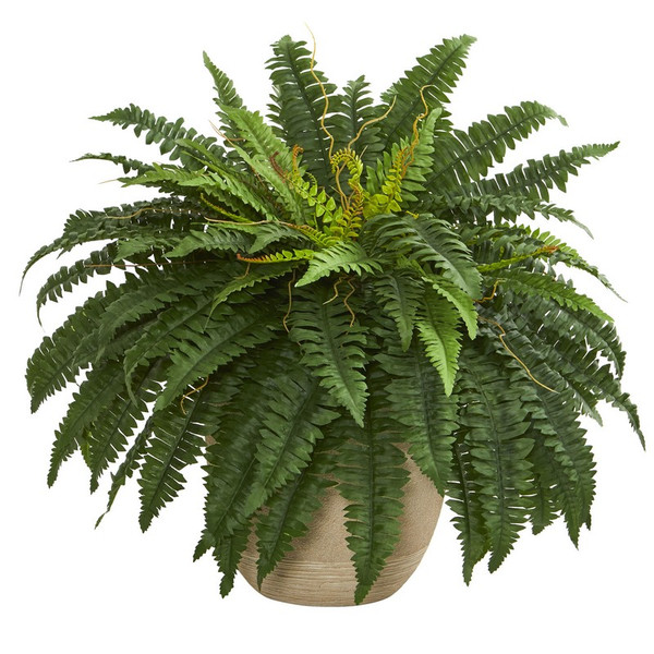 22 Boston Fern Artificial Plant In Sandstone Planter 8052 By Nearly Natural