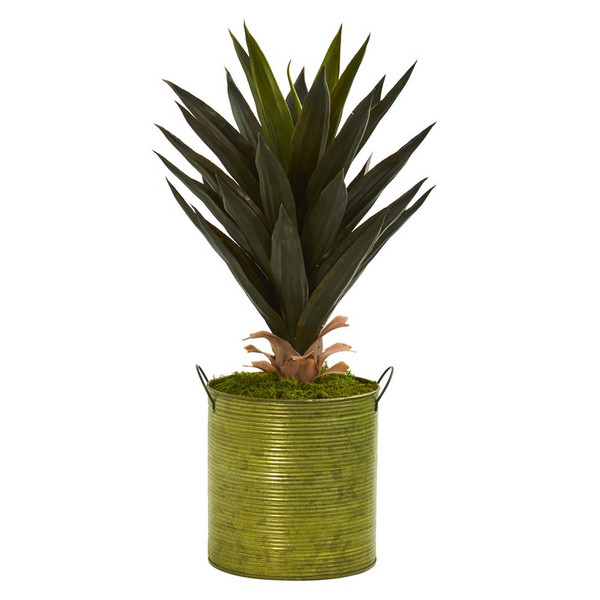 23 Agave Artificial Plant In Green Metal Planter 8104 By Nearly Natural