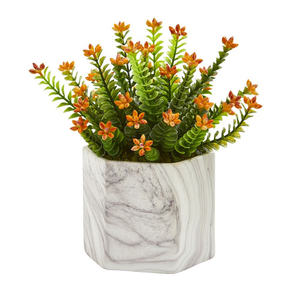 11 Flowering Sedum Artificial Plant In Marble Finished Vase 8140 By Nearly Natural