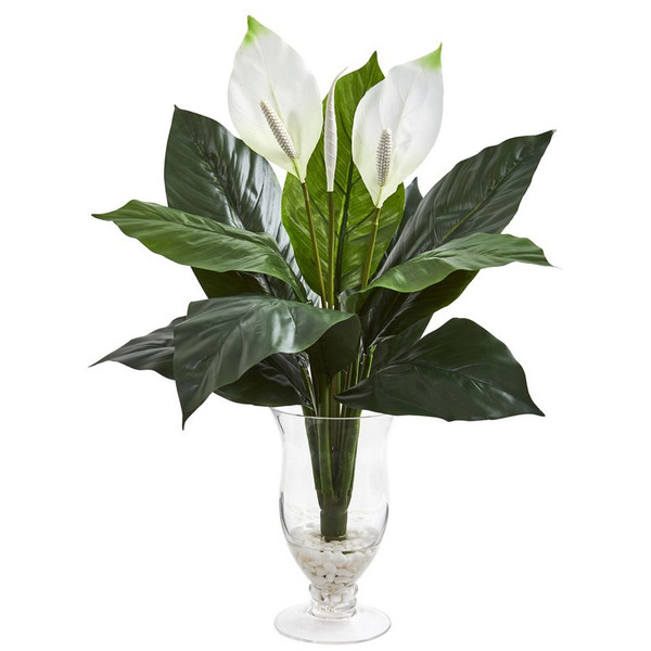 27 Spathifyllum Artificial Plant In Glass Vase 8348 By Nearly Natural